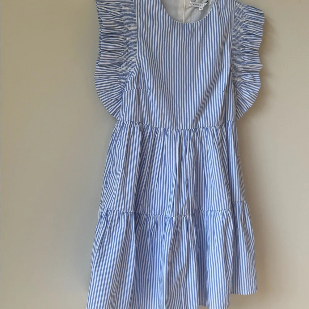 NWOT English Factory Size XS Blue White Striped Ruffle Sleeve Dress Short